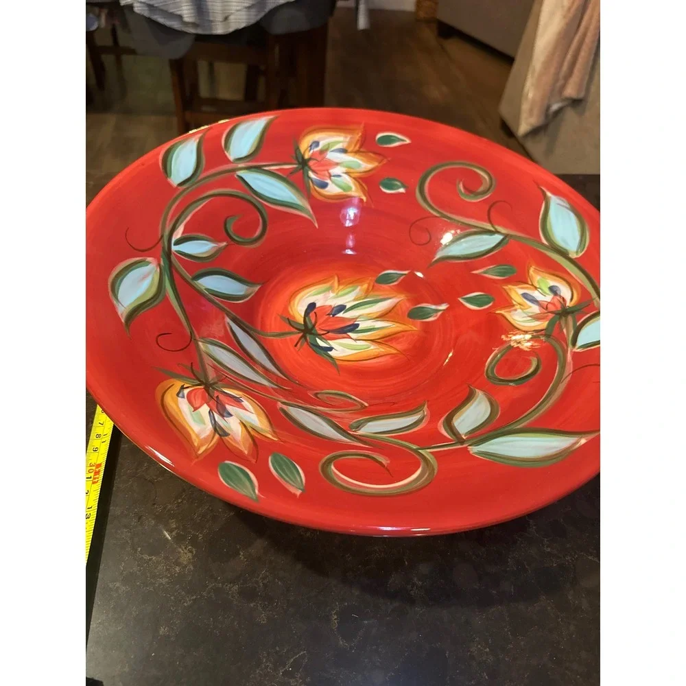 Hand Painted Red Ceramic Floral Serving Bowl Large 16.5 Decorative Centerpiece